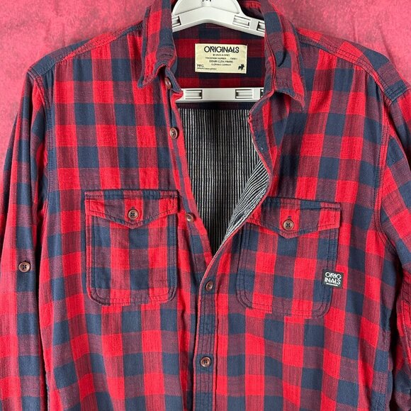 ORIGINALS BY JACK & JONES MEN'S FLANEL LONG SLEEVE PLAID SHIRT RED & BLACK "S" - Picture 5 of 14